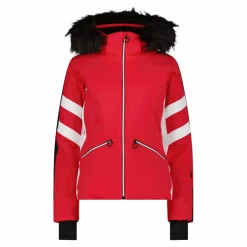 Damen-Skijacke aus Twill mit abnehmbarer Kapuze und Kunstfellbesatz