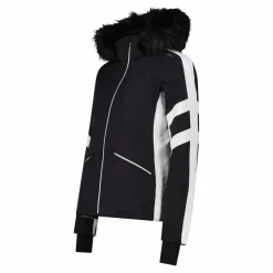 Damen-Skijacke aus Twill mit abnehmbarer Kapuze und Kunstfellbesatz