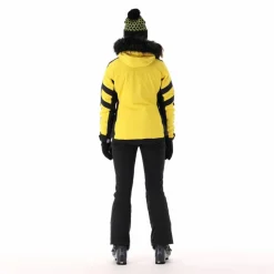 Damen-Skijacke aus Twill mit abnehmbarer Kapuze und Kunstfellbesatz