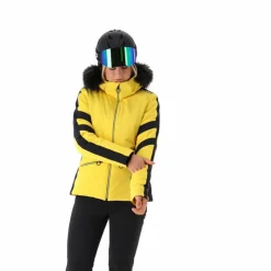 Damen-Skijacke aus Twill mit abnehmbarer Kapuze und Kunstfellbesatz